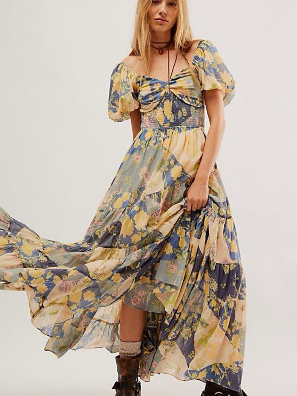 Free People Floral Puff-Sleeve Maxi Dress in Yellow & Blue
